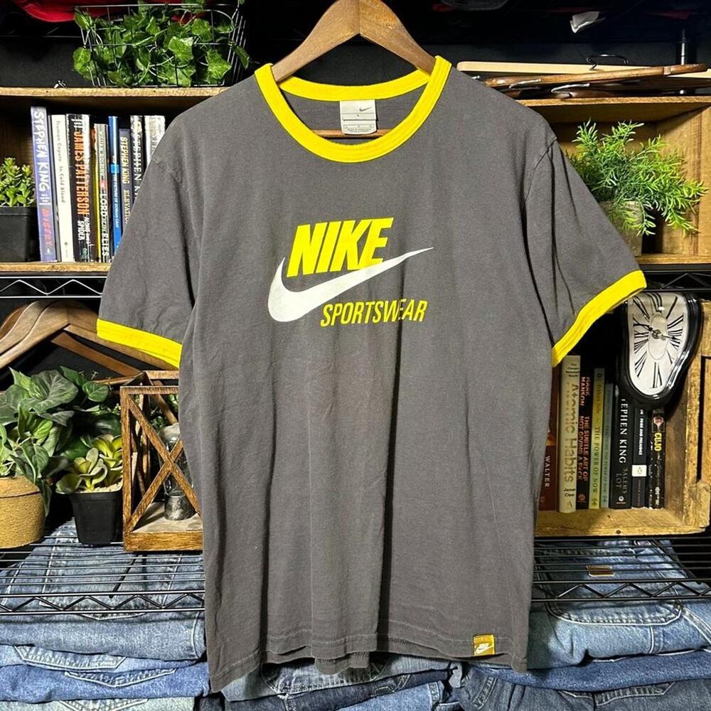 Vintage Y2K Nike Sportswear Ringer Tee Mens Large Grey Yellow 2000s Skater Shirt